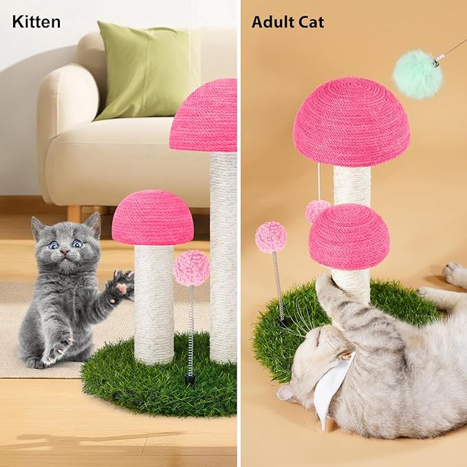 Odoland Cat Scratching Post Mushroom Natural Durable Sisal Board Scratcher for Kitty’s Health and Good Behavior, Furniture Scratch Deterrent Accessories for Cats Pink