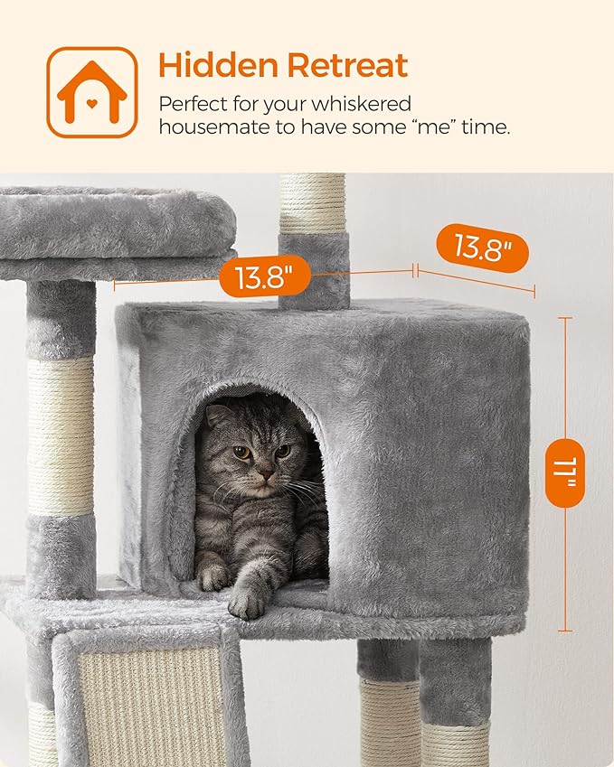 Feandrea Cat Tower, Cat Tree for Indoor Cats, 45.3-Inch Cat Condo with Scratching Post, Ramp, Perch, Spacious Cat Cave, for Kittens, Elderly Cats, Adult Cats, Small Space, Light Gray UPCT141W01
