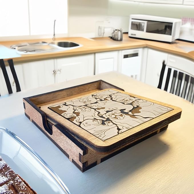 02 English Bulldog Dog Coaster - English Bulldog Dog Puzzle Wooden Coaster Set - Interlocking Jigsaw Drink Mats with Laser-Cut Design for English Bulldog Lovers