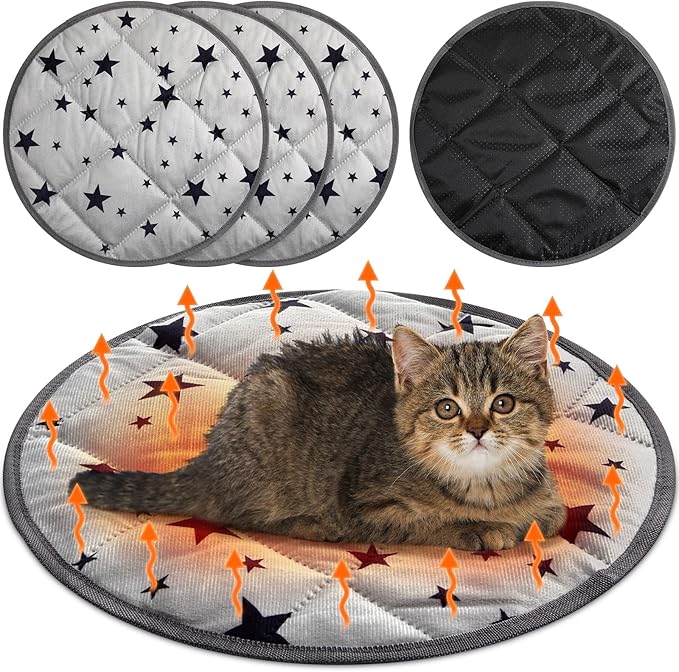 Namalu 4 Pack Self Warming Cat Bed Self Heating Cat Mat Star Pattern Soft Dog Crate Pad Thermal Pet Bed Mat Anti Slip Kennel Mat Washable Pet Warming Bed for Outdoor Indoor (15.7 Inches,Round)