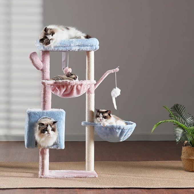Heybly Cat Tree, 39.4 Inches Tower Condo with Scratching Post, Cat Tower for Indoor Cats, Fully Wrapped Sisal Pole, Soft Platform, 2 Baskets and Dangling Toy, Blue and Pink HCT006SBP