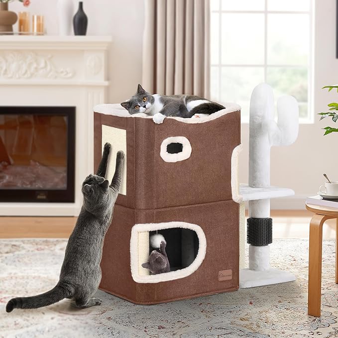 YIATHOME 2-Tier Cat House, Cat Beds for Indoor Cats, Small Cat Condo with Highway Cave, Scratch & Itching Post, Clmibing Stand, Modern Cat Cube Playhouse for Multi Kittens, Brown