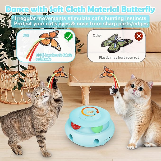 3-in-1 Interactive Cat Toys for Indoor Cats, Automatic 6 Holes Mice Whack-A-Mole, Fluttering Butterfly, Track Balls, USB Rechargeable, Ultra Fun Smart Interactive Kitten Toy (Tiffany Blue)