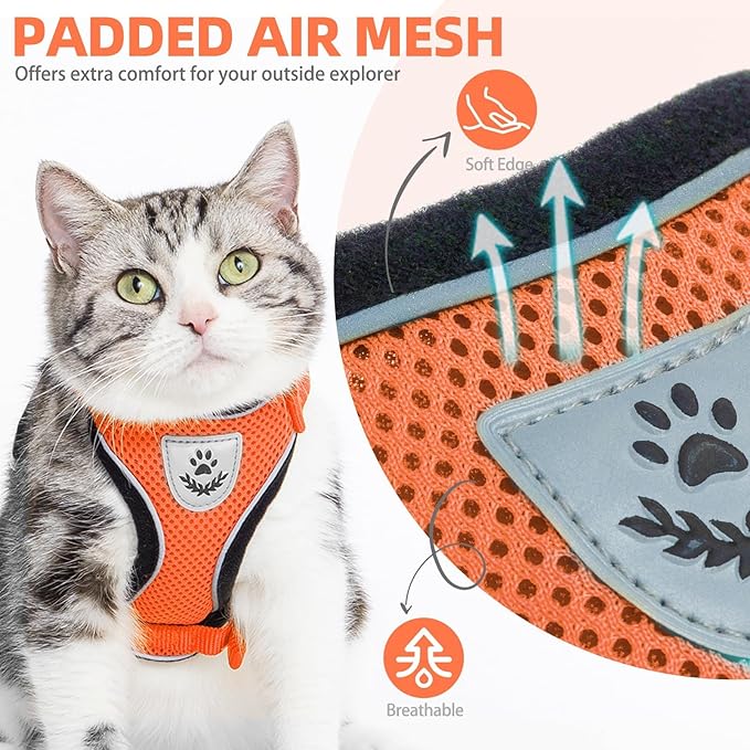 PUPTECK Cat Harness and Leash Set Escape Proof Reflective Cat Walking Harness Adjustable Soft Breathable Mesh Vest for Small Pets, Orange, M