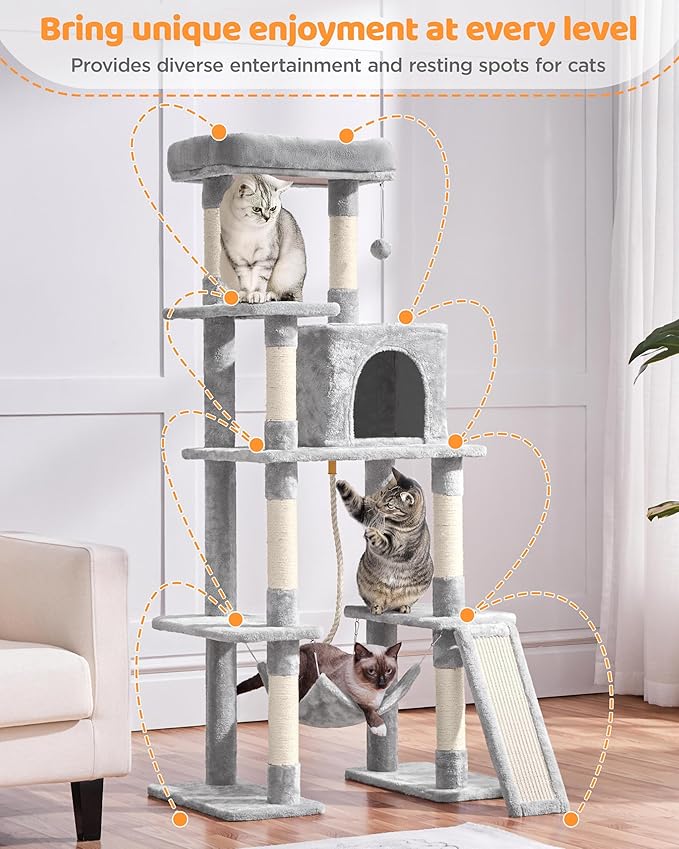 Yaheetech Cat Tree, Multi-Level Cat Tower for Indoor Cats, 63in, Condo Furniture with Scratching Posts, Large Top Perch, Hammock, Tall Cat Climbing Stand for Cat Play