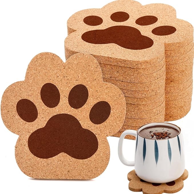 12 Pack Cork Coasters for Drinks, 4.7" Absorbent Cup Mat Set, Heat Resistant Kitchen Coasters, Reusable Cat Paw Shape Table Protection Trivet for Glasses Mugs, Room Decor, Housewarming Gifts