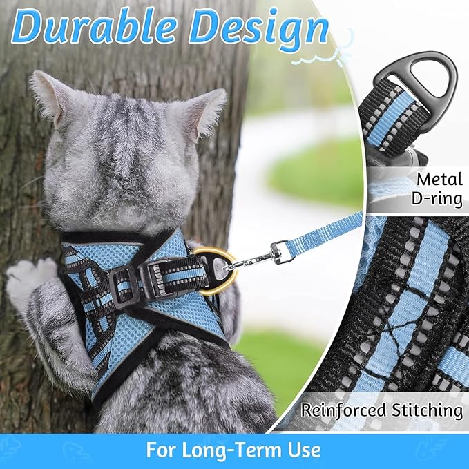 rabbitgoo Cat Harness and Leash Set for Walking Escape Proof, Adjustable Soft Kittens Vest with Reflective Strip for Cats, Comfortable Outdoor Vest, Light Blue, XL