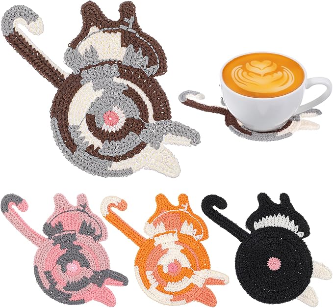 4Pcs Cute Coasters: Crochet Cat Gifts, Cute & Funny Coasters for Coffee & Tea Desk Gifts (4 Pack)