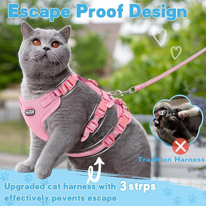 Fully Escape Proof Cat Harness and Leash Set for Walking, Adjustable Soft Kitten Vest with Reflective Strip for Small Medium Large Adult Cats, Breathable Kitty Harness,Pink M
