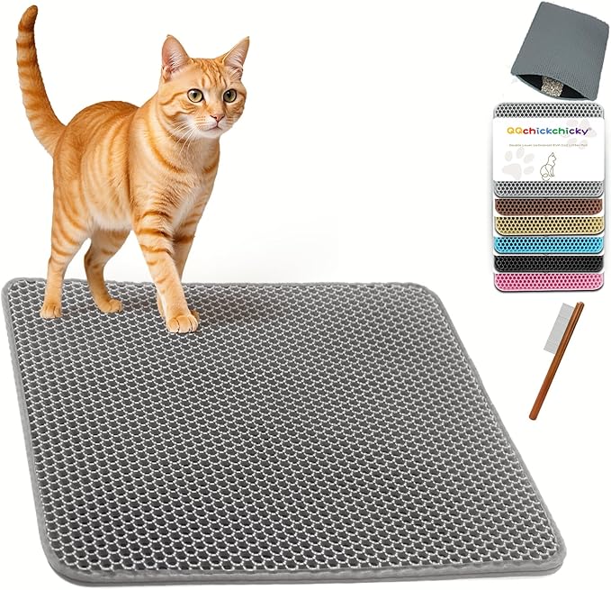 2025 𝗡𝗘𝗪 Waterproof Cat Litter Mat | Double Layer EVA, Odor-Free Large Grid | Urine Proof & Easy Cleanup | Soft on Paws | Versatile Design for Litter and Feeding (Gray, 27×47)