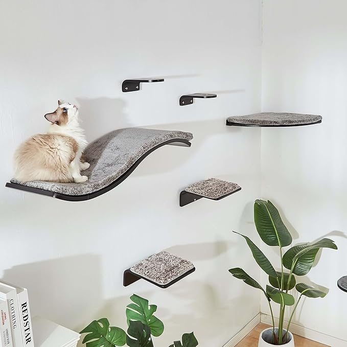 Cat Shelf with Comfortable Cat Cushion - Wave Modern Cat Bed - Minimalistic Floating Cat Wall Perch - Wooden Wall Mounted Cat Furniture for Sleeping, Playing, Climbing, and Lounging, Walnut