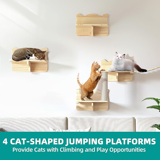 YITAHOME Cat Wall Shelves and Perches for Wall, Solid Wood Wall Mounted Cat Furniture 16 Piece Set, Cat Climbing Shelves Playground Scratching Post with 8 Steps Indoor Mounted Condos House