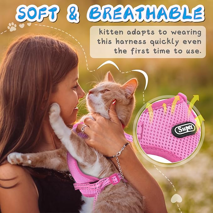Supet Cat Harness and Leash Set for Small to Large Cats Adjustable Cat Vest Harness with Reflective Trim Universal Cat Leash and Harness for Cats/Puppies Outdoor Walking
