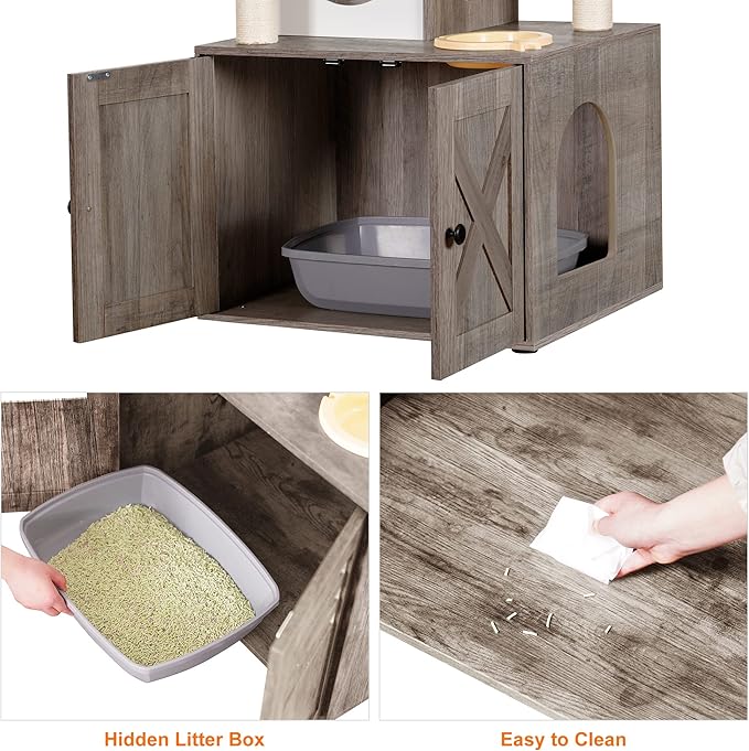 Heybly Cat Tree, Wood Litter Box Enclosure with Food Station, All-in-one Indoor Cat Furniture with Large Platform and Condo, Modern Style Cat Tower, Hammock, Rustic Brown HCT102SG