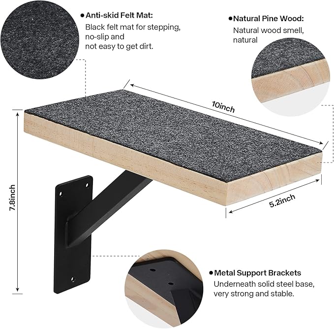 Cat Climbing Steps for Wall (Pack of 3) -Sturdy Metal Support Cat Wall Steps, Wall Floating Shelves, Indoor Cat Wall Furniture & Perch, Cat Hammock Bed, Cat Ladder Stairs-Easy to Install