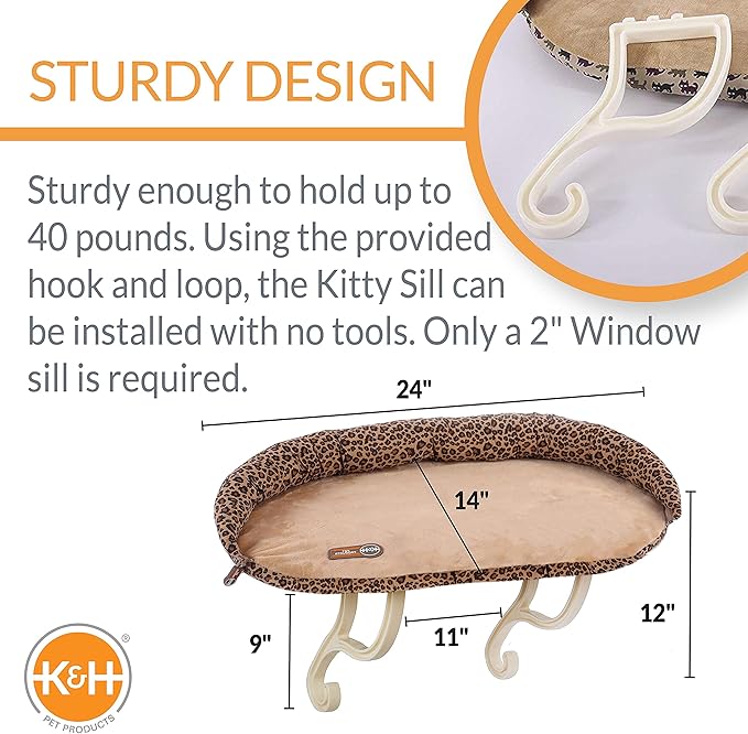 K&H Pet Products Deluxe Kitty Sill w/ Bolster Cat Window Bed, Cat Window Perch for Large Cats, Cat Window Hammock, Cat Window Seat, Window Cat Bed, Cat Perch Cat Hammock –Tan Leopard Print