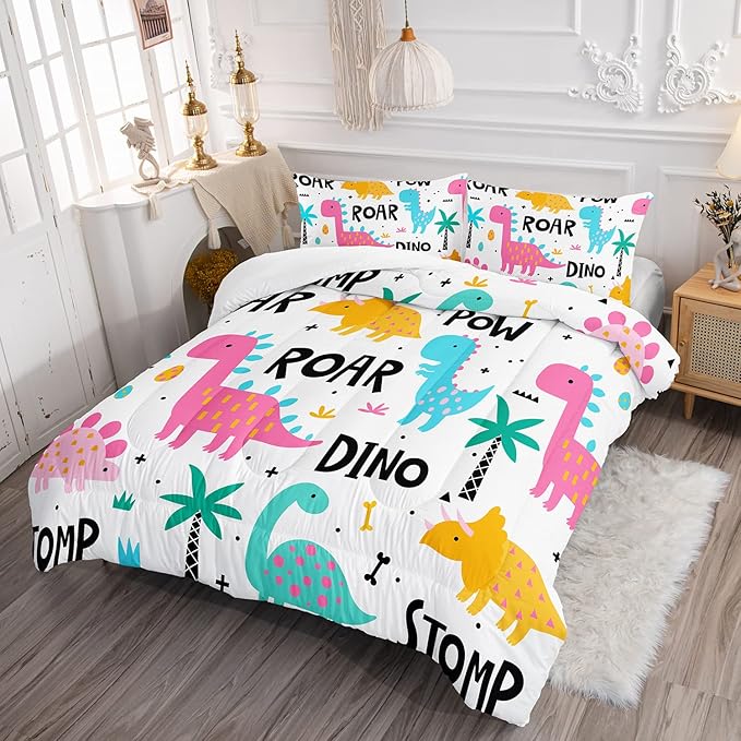 Axolotl Girls Bedding Cartoon Dinosaur Comforter Set Full Size,Cute Dinosaur Bedding Set for Girls Teens Kids Boys Adults Room Decor,Kids Comforter Set All Season,1 Quilt 2 Pillow Cases,White