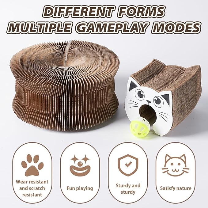Magic Organ Cat Scratching Board, Interactive Scratch Pad with a Ball, Cat Scratcher for Grinding Claw, Recyclable and Durable, Furniture Protector, Retractable, Reversible (Round - 2 Pack)