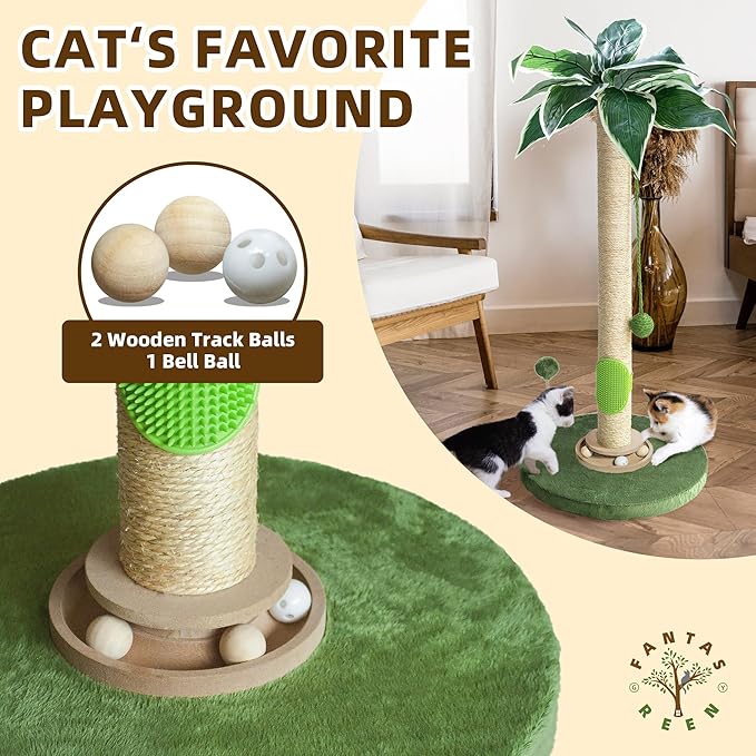 Cat Scratching Post 35'' Cat Scratcher Tall Scratching Posts for Indoor Cats with Cat Toy and Interactive Ball Self Groomer for Kittens Adults Cats