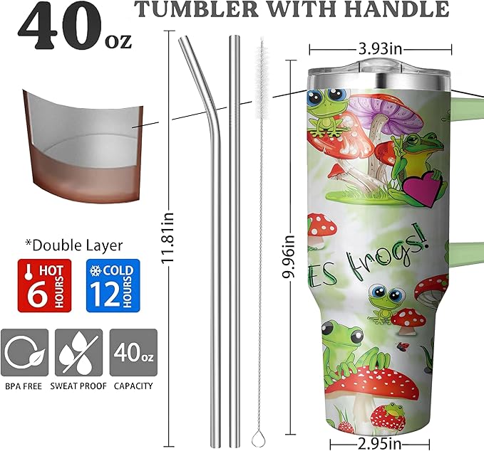 40 Oz Frog Tumbler with Handle and Straw - Double Wall Stainless Steel Insulated Coffee Mug - Leak Proof - Perfect Frog Gifts