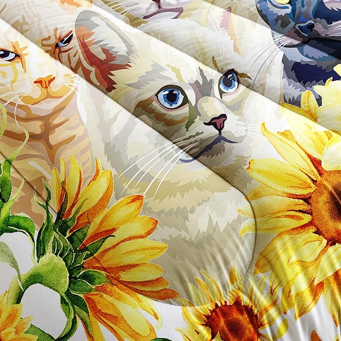 AILONEN Watercolor Cat Print Bedding Set Full Size with Sunflowers Comforter Set for Kids Boys Girls,Group of Cute Cats Soft Breathable White Tint Duvet Set 3 Pieces, 1 Quilt and 2 Pillowcases