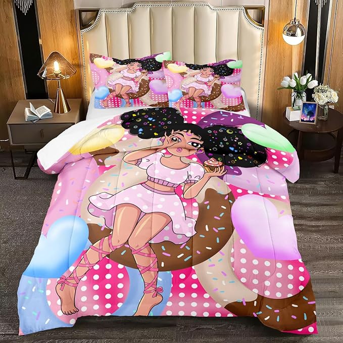 African American Girl Comforter Set Black Girl Comforter Set Princess Bedding w/ Donut Girl Prints Kids Comforter Sets Gifts Girls Bedroom Decor Pink Full Size Quilt Sets w/ 2 Pillowcases