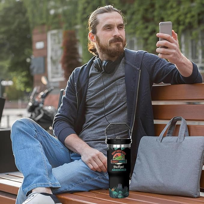 30 Oz Papasaurus Tumbler with Handle and Straw, Daddy Cup Insulated Best Daddy Mug, Double Wall Stainless Steel Dadasaurus Cup, 30 Oz Leak Proof Daddy Mug and Travel Mugs for Dad Gifts