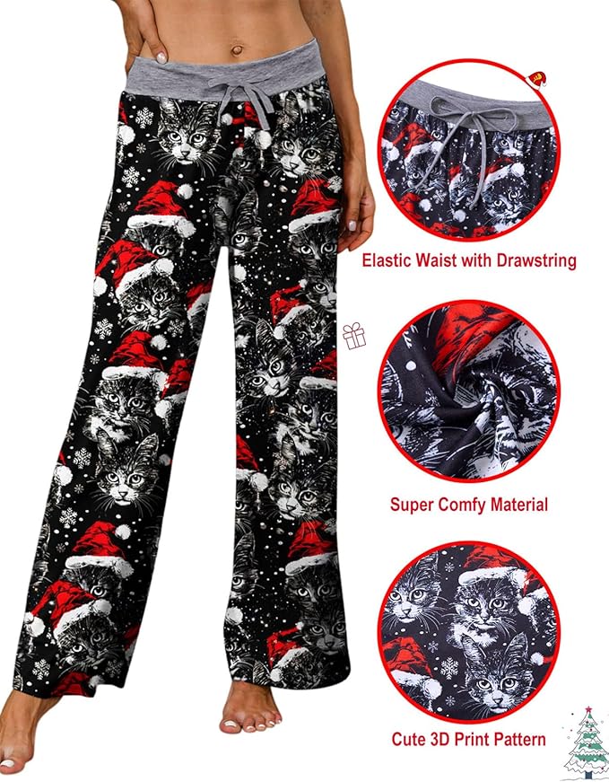 ALISISTER Christmas Womens Pajama Pants Casual Comfy Sleepwear Wide Leg Drawstring Bottoms