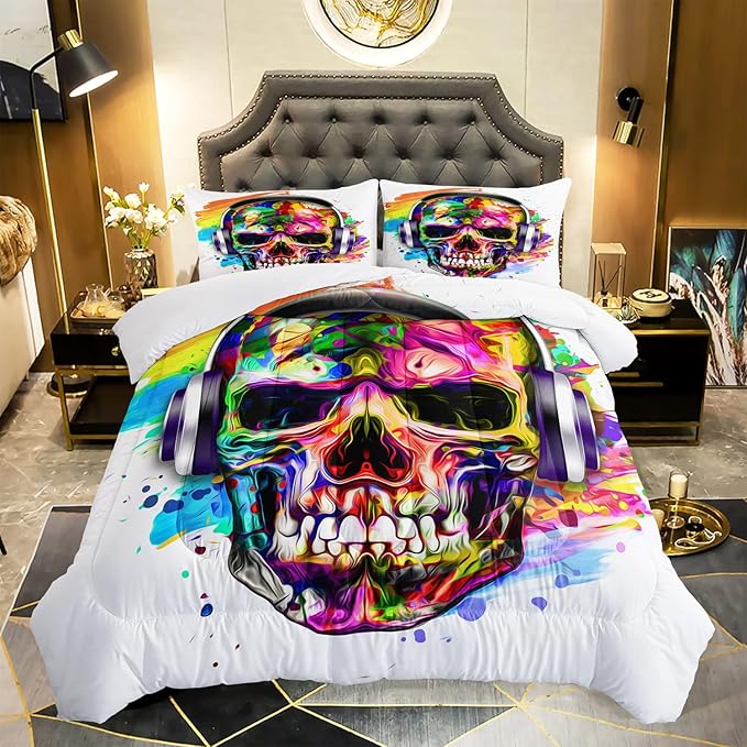 AILONEN Skull Comforter Set for Teens Boys Kids, Skull Pattern Printed Bedding Set Twin Size,Superior Duvet Ultra Soft,Skeleton Theme Quilt,3 Piece 1 Comforter and 2 Pillowcases,Microfiber Fabric