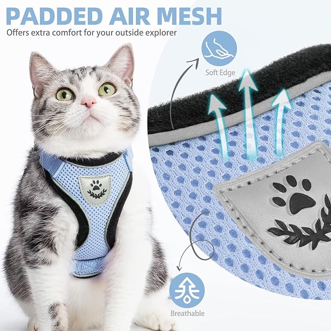 PUPTECK Cat Harness and Leash Set Escape Proof Reflective Cat Walking Harness Adjustable Soft Breathable Mesh Vest for Small Pets, Sky Blue, M