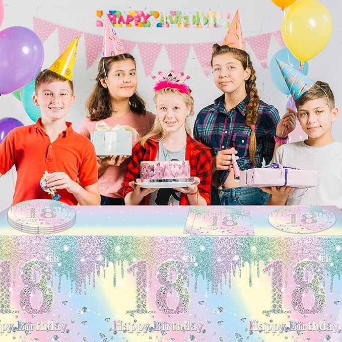 18th Birthday Party Decorations Tableware for Girls, Iridescent Macarons Diamond Happy 18th Birthday Supplies Includes 20 Plates 20 Napkins and 1 Tablecloth for Adult Boys Girls 18 Year Old Bday