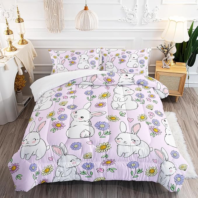 AILONEN Rabbit Comforter Set Full Size, Cute Bunny Bedding Set,Girls Kids Kawaii Comforter Set,Colorful Daisy Floral Duvet Set 3 Pieces, 1 Quilt and 2 Pillowcases