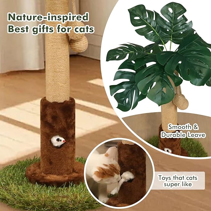 Cat Scratching Posts Cat Trees 26.4" Tall with Sisal Rope Cat Toy and Hanging Ball for Indoor,Wooden Palm Tree Cat Scratch Pole for All Cat