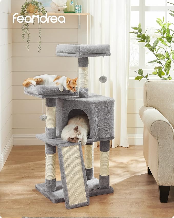Feandrea Cat Tower, Cat Tree for Indoor Cats, 45.3-Inch Cat Condo with Scratching Post, Ramp, Perch, Spacious Cat Cave, for Kittens, Elderly Cats, Adult Cats, Small Space, Light Gray UPCT141W01