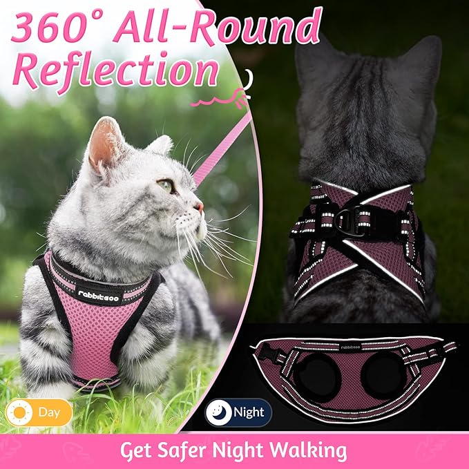 rabbitgoo Cat Harness and Leash Set for Walking Escape Proof, Adjustable Soft Kittens Vest with Reflective Strip for Cats, Comfortable Outdoor Vest, Pink, S