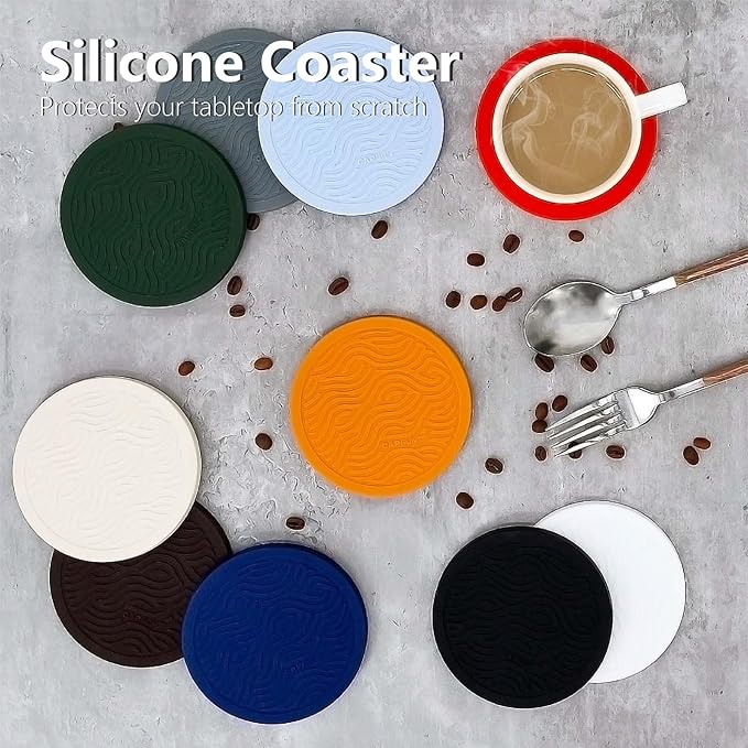 6-Pack Waterpaint Greeting Silicone Coasters with Deep Tray Holder - Double-Sided Drink Coasters - Beverage Mats for Hot or Cold Drinks - Thick, Non-Slip, Non-Stick Silicone with Ceramic Insert
