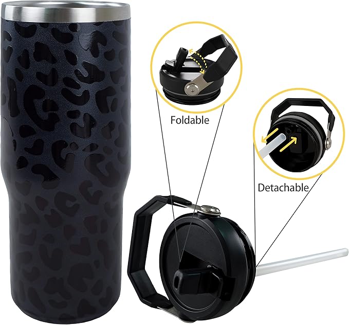 30oz Black Leopard Tumbler with Handle and Straw, Stainless Steel Vacuum Insulated Coffee Tumbler, Travel Mug Water Bottle, Leopard Stuff Accessories Decor, Leopard Gifts for Women