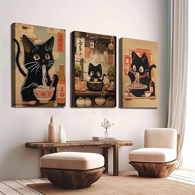3Pcs Framed Japanese Funny Black Cat Canvas Wall Art Vintage Cat Eating Ramen Posters Prints Edo Period Ramen Cat Pictures Unique Kitchen Painting Dining Wall Decor Animal Lover Gift 12x16in