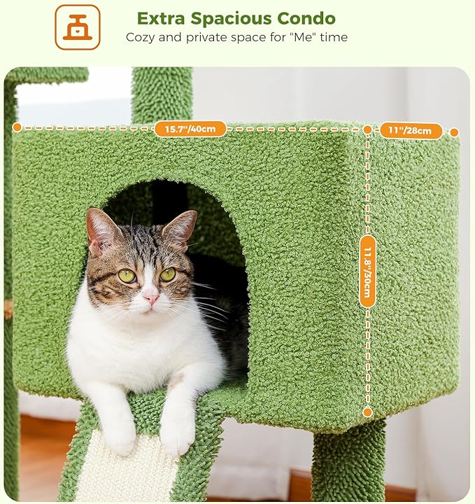 PAWZ Road 41 Inches Cactus Cat Tower with Sisal Covered Scratching Post and Cozy Condo for Indoor Cats, Cat Climbing Stand with Plush Perch &Soft Hammock for Multi-Level Cat Play House