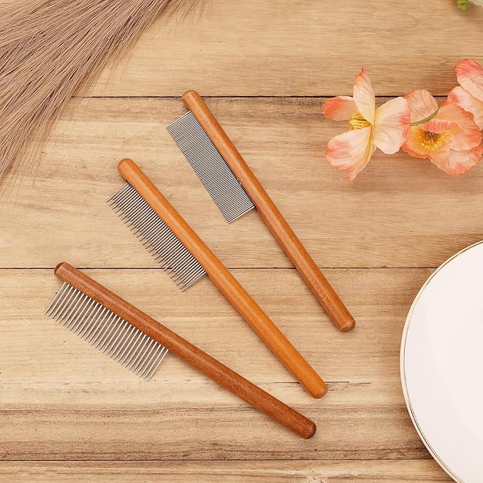 3pcs Grooming Comb for Pets, Solid Wooden Cat Combs with Wide & Narrow Rounded-Tip Teeth Pet Hair Comb Metal Flea Lice Tick Comb for Cats Dogs Rabbits Tangled Hair (3 Sizes）