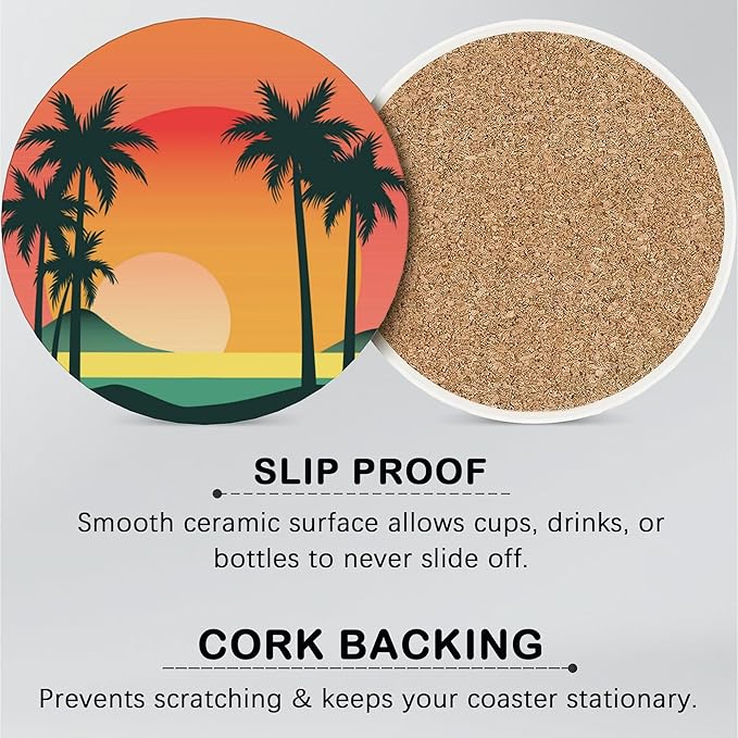 6 Pcs Drink Coasters with Holder,Palm Trees Beach Sunset Absorbent Round Ceramic Coaster for Tabletop Protection,for Coffee Cup Beverage Coasters Wine Beer Bar