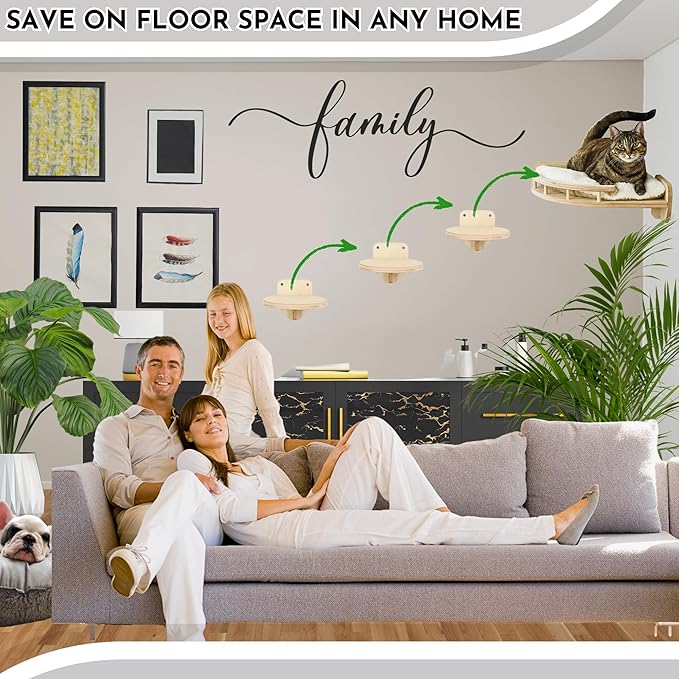 Cat Wall Shelves - Large Cat Shelves w/Pillow + 3 Wide Steps, Cat Wall Furniture, Cat Shelves for Wall, Cat Climbing Wall | Cat Shelf, Cat Wall Steps, Cat Tree, Cat Window Perch