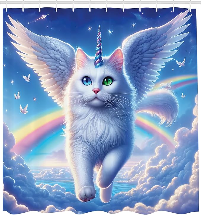 Ambesonne Cat Shower Curtain, Pegasus Like White Kitty with a Unicorn Horn Flying Over Clouds Rainbows Sky, Cloth Fabric Bathroom Decor Set with Hooks, 69" W x 75" L, Azure Blue Pale Pink