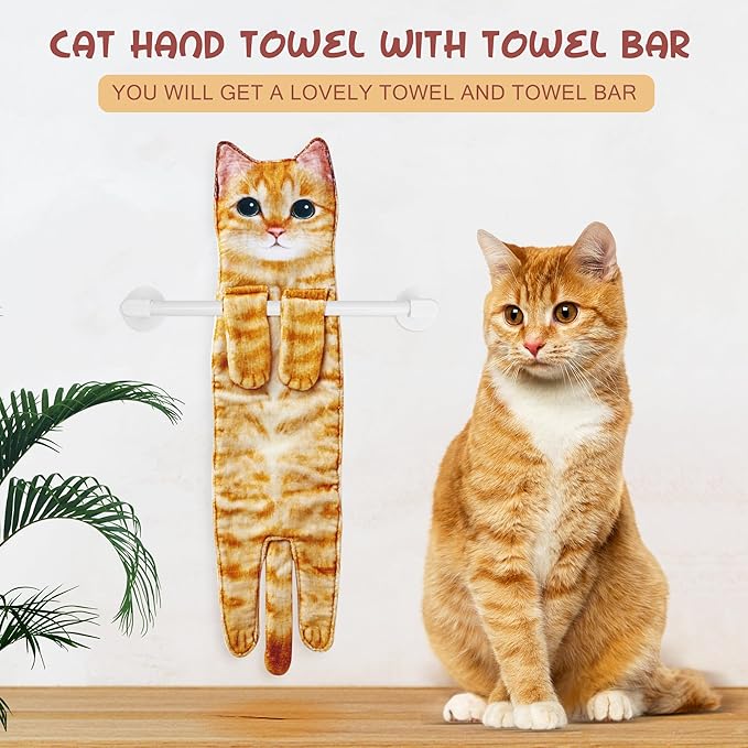 AGRIMONY Cat Funny Hand Towels with Towels Bar for Bathroom Kitchen - Cute Decorative Cat Decor Hanging Washcloths Face Towels Super Absorbent Soft - Housewarming Birthday Christmas Fun Gifts