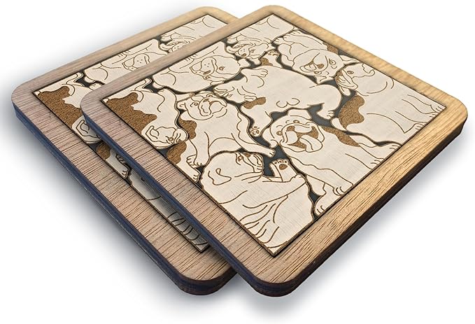 02 English Bulldog Dog Coaster - English Bulldog Dog Puzzle Wooden Coaster Set - Interlocking Jigsaw Drink Mats with Laser-Cut Design for English Bulldog Lovers