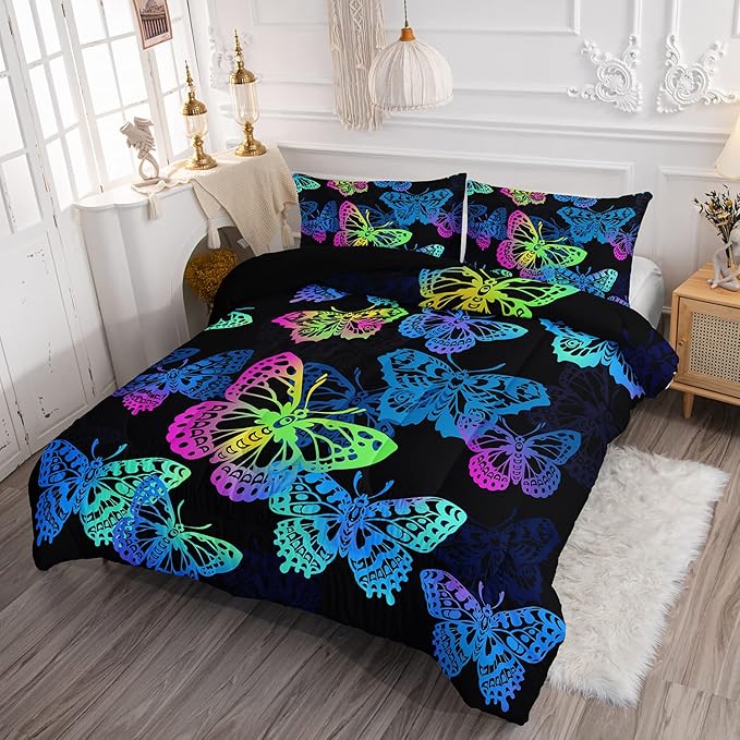 Axolotl Colorful Butterflies Bedding Set,Full Size Kids Bed Set,Gradient Butterfly Comforter Set,1 Quilt with 2 Pillowcases for Boys Girls Kids Teens Children Adults Room Decor All Season,Black