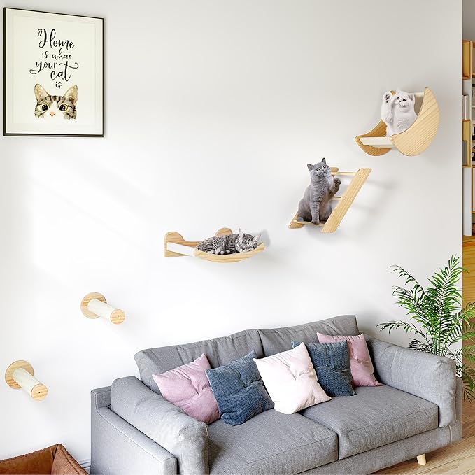 DWVO Cat Wall Shelves and Perches for Wall, Solid Wood Wall Mounted Cat Furniture, Set of 5 Cat Climbing Shelves with Moon Cat House, Cat Bridge Ladder, Cat Hammock and Cat Scratching Post