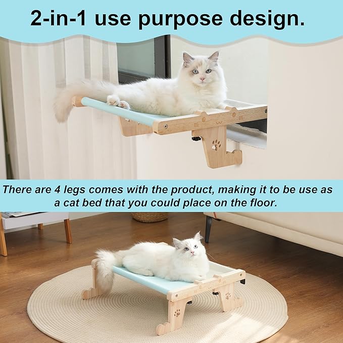 Cat Sill Window Perch Sturdy Cat Hammock Wooden Pet cat Bed Easy to Adjust Cat Bed for Windowsill Bedside Drawer Cabinet Floor (Blue with Gray)