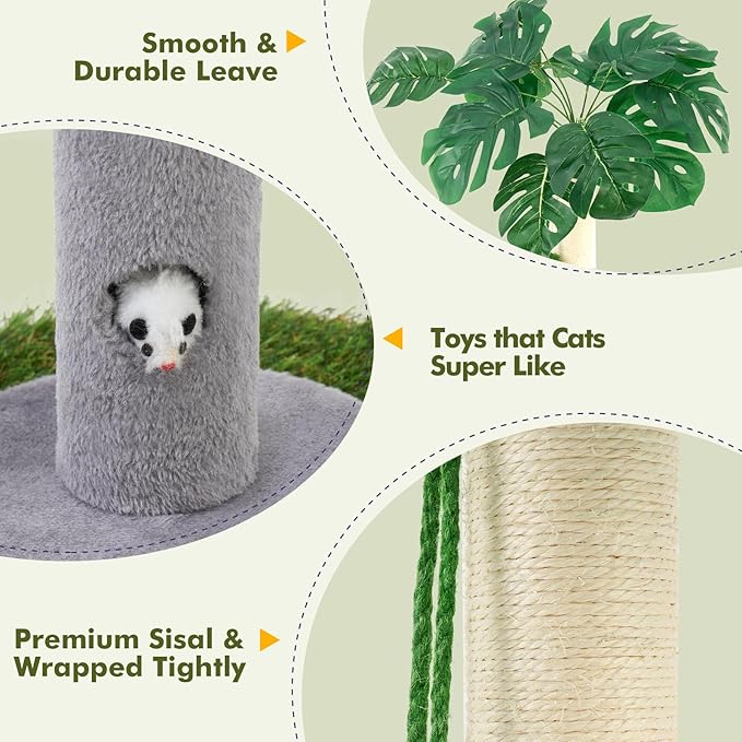 Cat Scratching Posts for All Cats with Hanging Ball and Sisal Rope Cat Toy, Simple Design - for Larger Cats - 35.43" Tall,Wooden Palm Tree Premium Basics Cat Toys Kitten（Grey