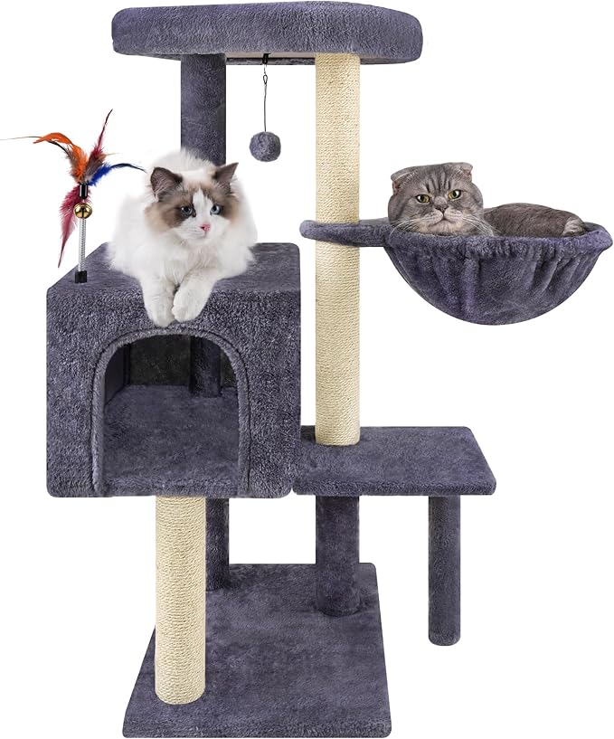 35.4'' Multifunction Cat Tree with Cozy Hammock & Hanging Ball, Cat Tower with Activity Cat Condo & Jute-Covered Scratching Posts, Grey
